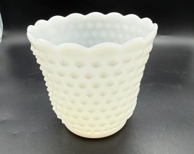 Vintage White Milk Glass Hobnail Planter Scalloped Rim Vase Cachepot Mid Century Cottagecore Decor