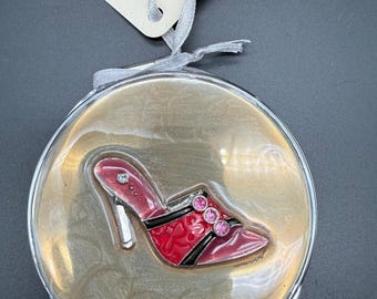 Vintage Compact Mirror with High Heel Shoe | Silver Tone Purse Mirror | Rhinestone Accent | Retro Vanity Compact