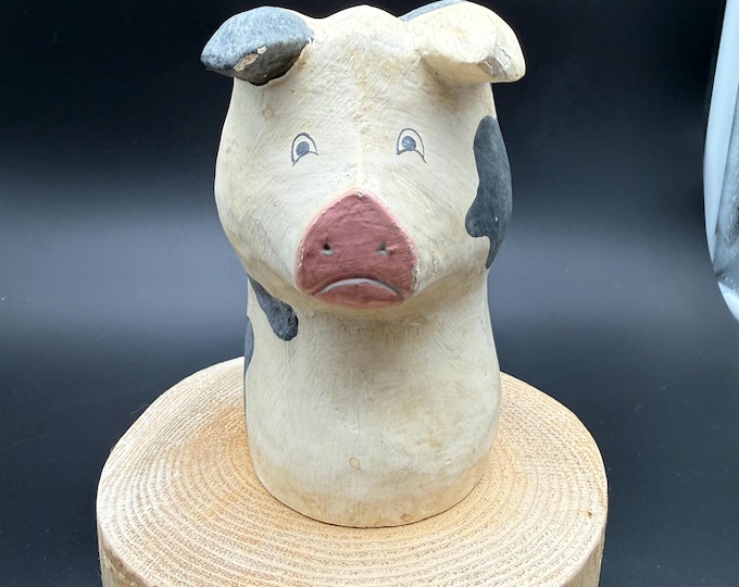 Vintage Folk Art Pig Figurine | Hand-Painted Rustic Decor | Made in Indonesia