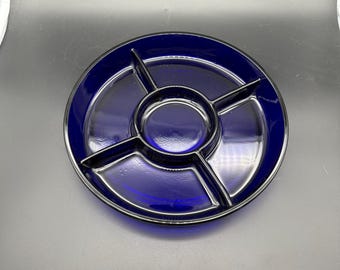 Vintage Cobalt Blue Divided Glass Relish Tray – Mid Century Serving Dish