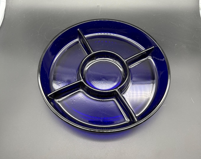 Vintage Cobalt Blue Divided Glass Relish Tray – Mid Century Serving Dish