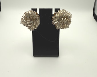 Vintage Gold Tone Beaded Cluster Clip-On Earrings | Mid-Century Statement Earrings