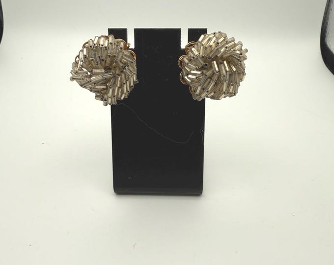 Vintage Gold Tone Beaded Cluster Clip-On Earrings | Mid-Century Statement Earrings