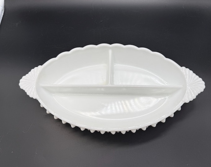Vintage 1970s Fenton White Milk Glass Hobnail Divided Relish Dish