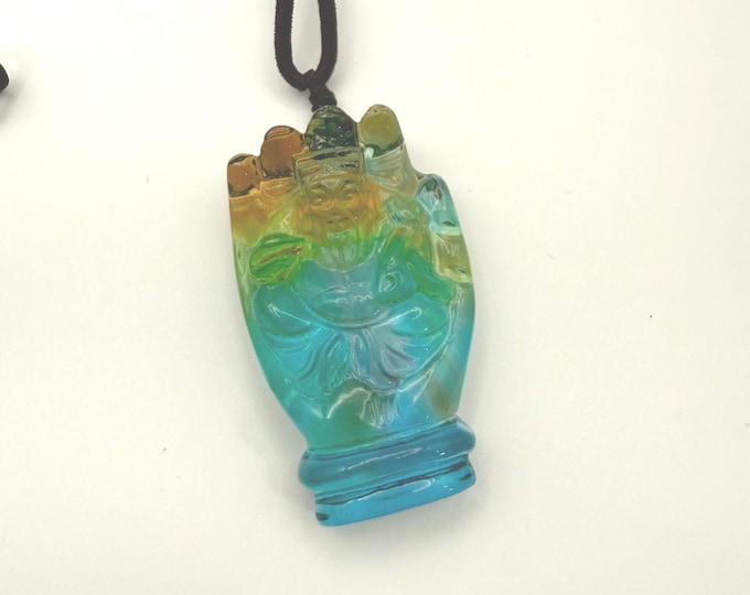 Carved Glass Buddha Pendant Necklace • Multicolor Glass Amulet • Adjustable Cord • Spiritual Jewelry
