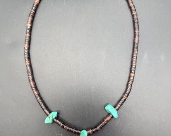 Vintage Turquoise Nugget & Brown Heishi Bead Necklace | Southwestern Style Statement Necklace