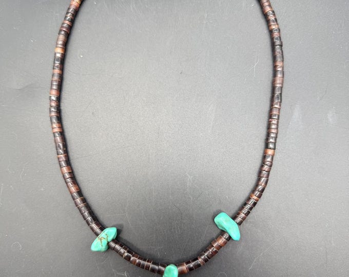 Vintage Turquoise Nugget & Brown Heishi Bead Necklace | Southwestern Style Statement Necklace