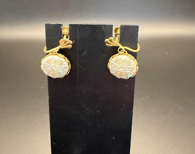 Gold-Tone Screwback Earrings | Etched Floral Drops | 1930s–1950s Delicate Filigree Design | Antique Costume Jewelry