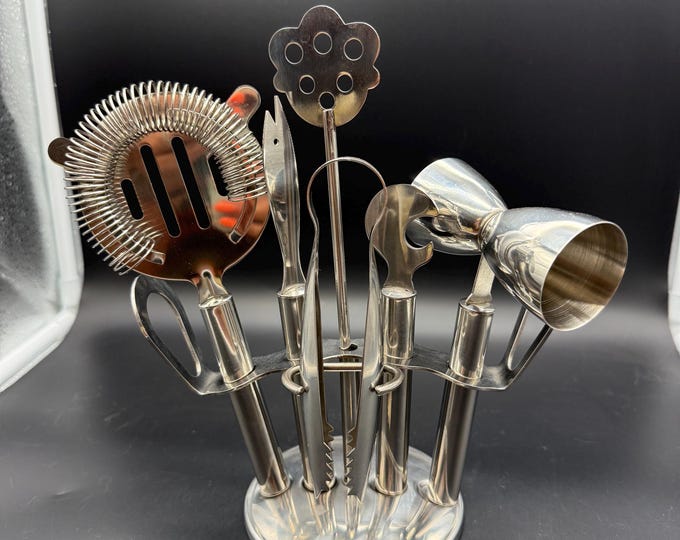 Vintage Stainless Steel Bar Tool Set with Stand | 7 Piece Cocktail Mixing Kit | Martini Bartender Tools | Mid Century Barware