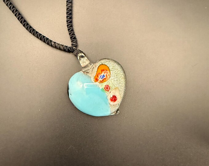 Handmade Glass Heart Pendant Necklace – Turquoise & Silver Foil Art Glass with Millefiori Accents