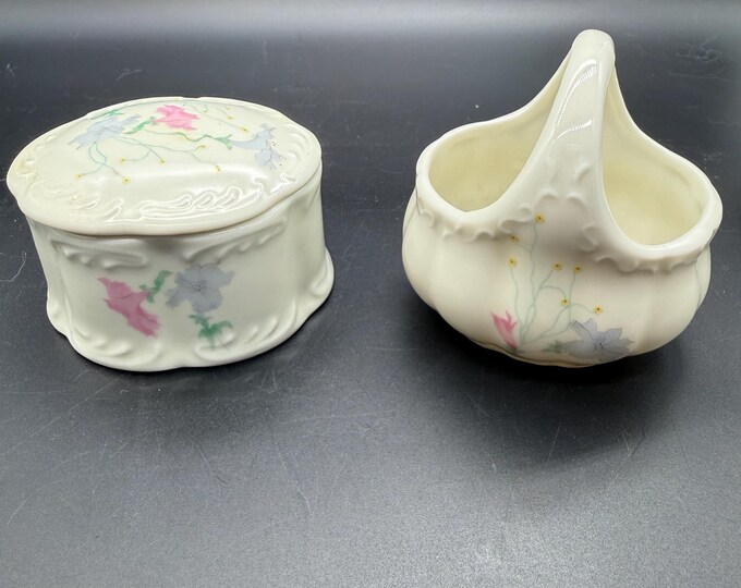 Vintage Porning Denmark Porcelain Trinket Box & Basket Set Pastel Floral Scandinavian Vanity Decor