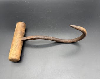Antique Ice Hook Tool | Hand Forged Iron Hook with Wood Handle | Vintage Fishing Tool | Rustic Farm Tool | Primitive Decor