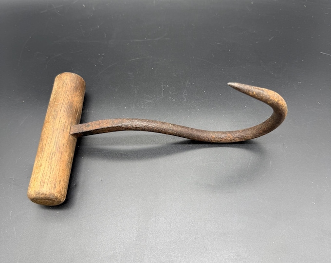 Antique Ice Hook Tool | Hand Forged Iron Hook with Wood Handle | Vintage Fishing Tool | Rustic Farm Tool | Primitive Decor