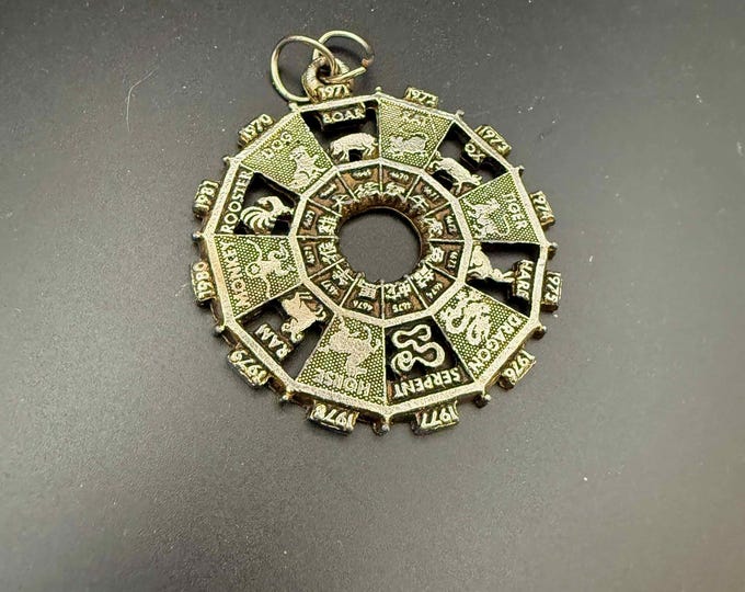 Vintage 1970's Chinese Zodiac Wheel Silver Tone Metal Pendant