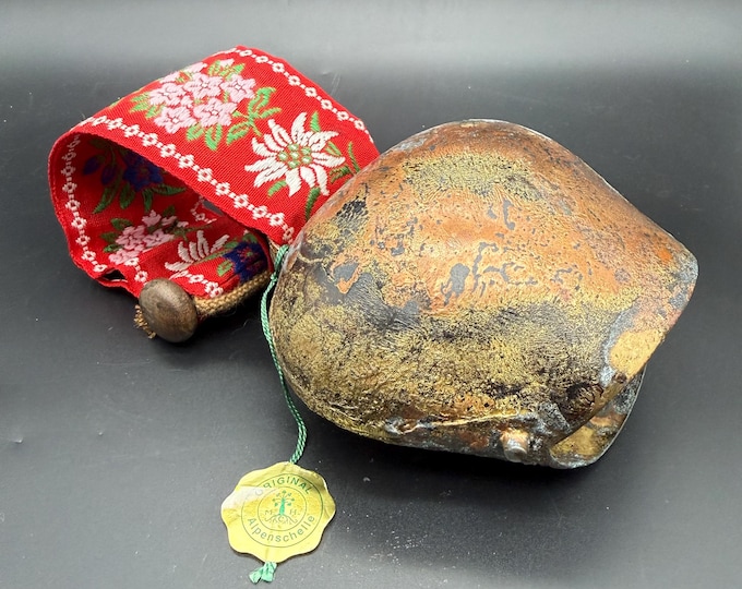 Vintage Alpine Cowbell with Floral Strap – Handcrafted Folk Bell Decor