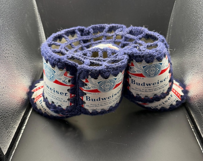 Vintage Budweiser Beer Can Caddy – Crochet Wrapped 6-Pack Holder – Americana Bar Decor