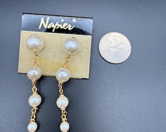 Vintage Napier Faux Pearl Drop Earrings | Gold Tone Dangle | Bridal Classic | 1980s–1990s