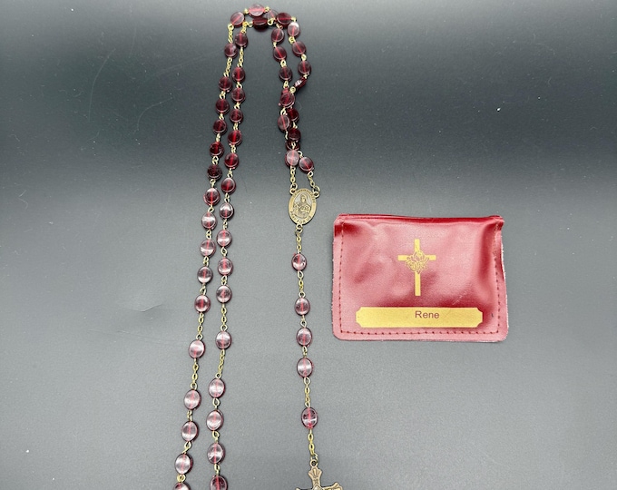 Vintage Saint Thérèse “Little Flower” Rosary – Red Glass Beads with Crucifix & Rosary Pouch