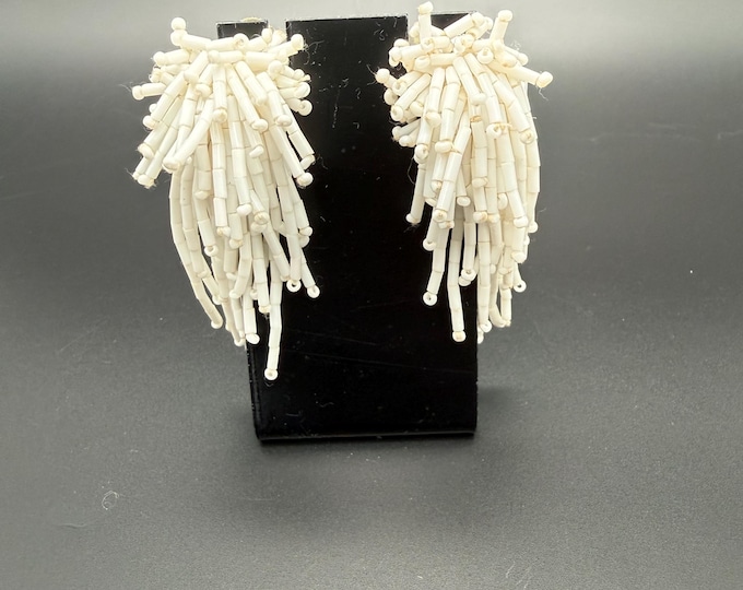 Vintage White Beaded Fringe Clip-On Earrings – Statement Boho