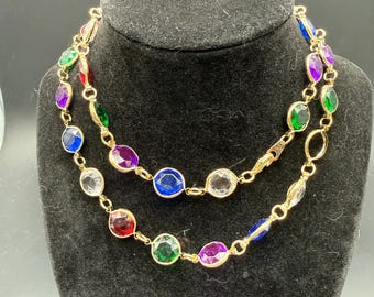 Vintage Multicolor Rhinestone Jewelry Set – Necklace, Bracelet & Earrings (Gold Tone)