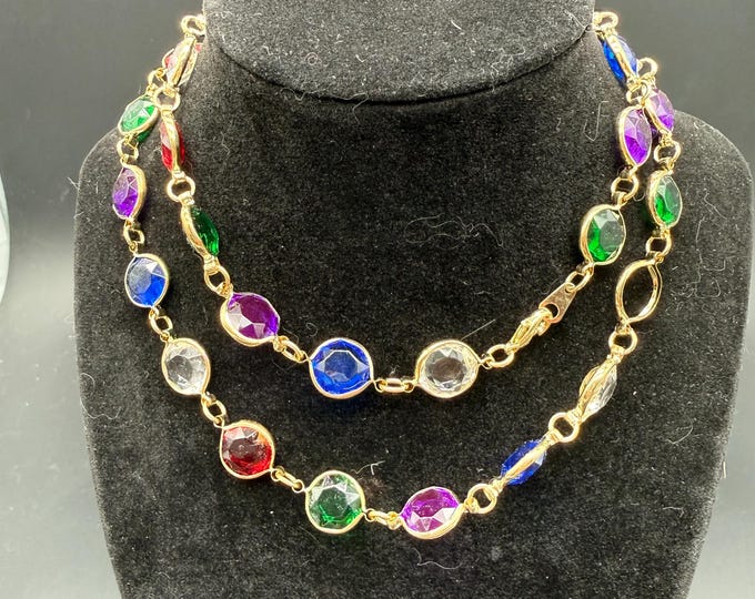 Vintage Multicolor Rhinestone Jewelry Set – Necklace, Bracelet & Earrings (Gold Tone)