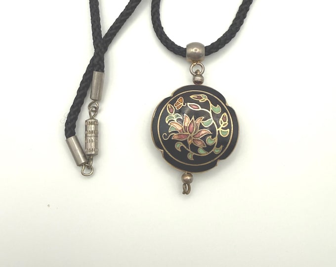 Vintage Cloisonné Floral Pendant Necklace • Black Enamel Round Pendant • Braided Cord Necklace • Boho Vintage Jewelry