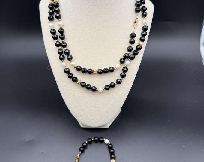 Black Beaded Necklace & Bracelet Set – Double Strand Necklace – Onyx Style with Pearl Accents – Vintage Elegant Jewelry