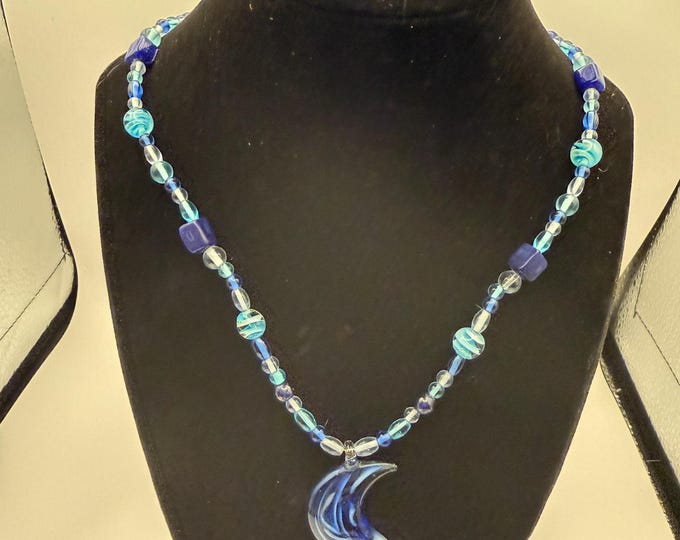 Blue Glass Crescent Moon Necklace – Vintage Glass Beads, Celestial Statement Pendant