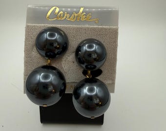 Vintage Carolee Hematite-Tone Double Ball Drop Earrings | Oversized Statement Clip-Ons | New on Card | 1980s Bold Fashion Jewelry