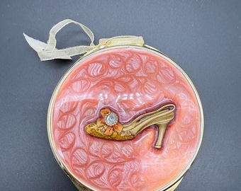 Vintage Compact Mirror with High Heel Shoe | Pink Textured Enamel | Rhinestone Accent | Purse Mirror