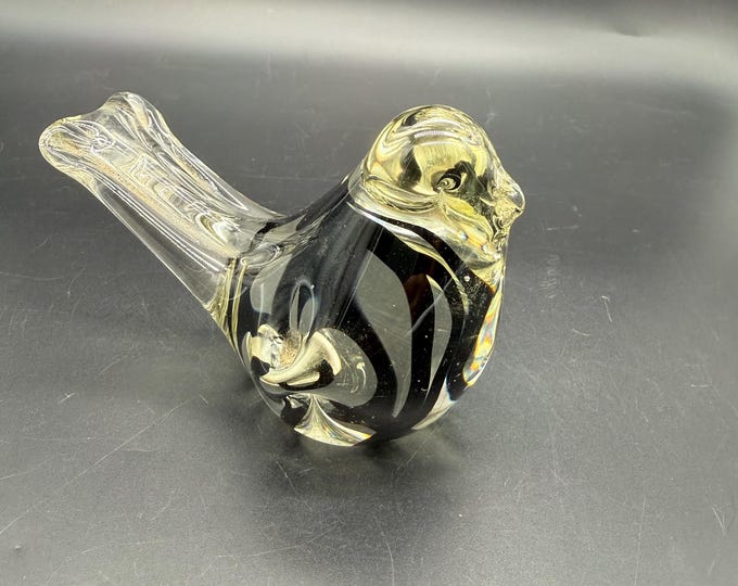 Vintage Hand Blown Art Glass Bird Figurine | Murano Style Black Swirl Glass Bird | Mid Century Modern Clear Glass Sculpture