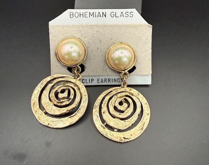 Vintage Bohemian Glass Gold-Tone Spiral Clip Earrings