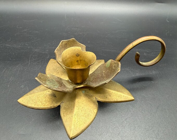 Vintage 1970s Brass Floral Chamberstick Candle Holder,  Made in India