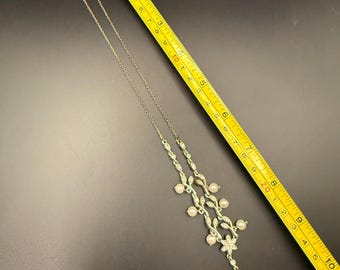 Vintage Monet Silver Tone Faux Pearl Drop Necklace | Floral Rhinestone Y Necklace | Mid Century Costume Jewelry