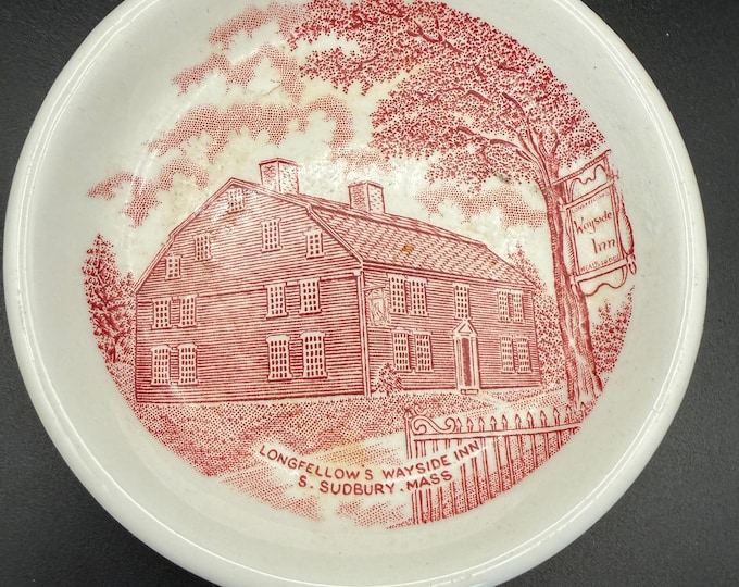 Vintage Longfellow’s Wayside Inn Plate | Adams Pottery England | Red Transferware | Mid Century Souvenir | Sudbury MA