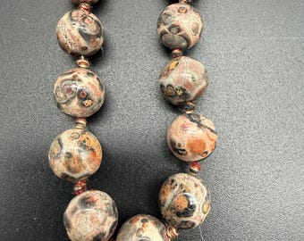 Vintage Leopard Skin Jasper Beaded Necklace & Bracelet Set | Earth Tone Gemstone Jewelry | Boho Natural Stone Jewelry