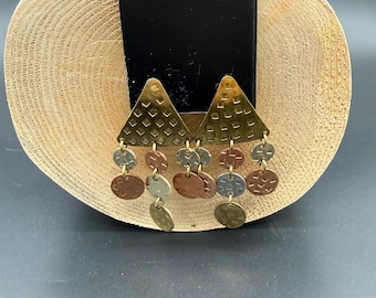 Vintage Mixed Metal Clip On Earrings | Geometric Dangle Statement Jewelry