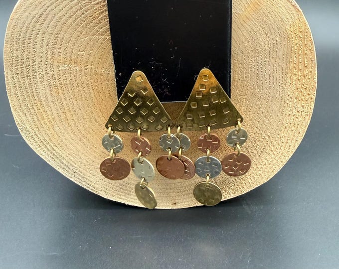 Vintage Mixed Metal Clip On Earrings | Geometric Dangle Statement Jewelry