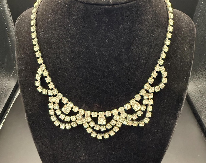 Vintage Rhinestone Bib Necklace • Silver Tone Crystal Necklace • Mid-Century Formal Jewelry