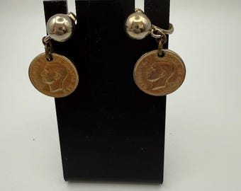 Vintage Bergere Coin Earrings | 1952 Canada George VI Penny Dangle Clip-Ons | Mid-Century Novelty Jewelry