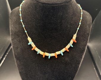 Vintage Boho Beaded Necklace | Turquoise & Orange Plastic Beads | Southwestern Style