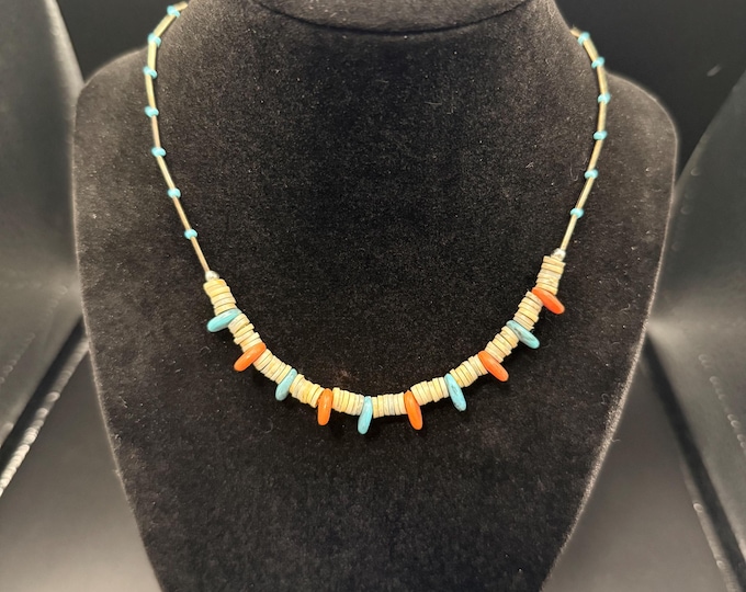 Vintage Boho Beaded Necklace | Turquoise & Orange Plastic Beads | Southwestern Style