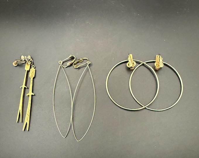 Vintage Clip-On Earrings Lot (3 Pairs) – Gold & Silver Tone, Mid-Century Styles