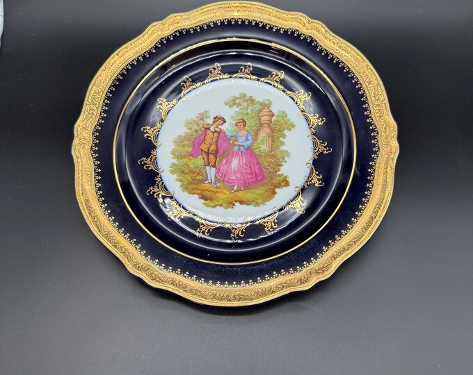Vintage Limoges Castel Cobalt & 22K Gold Plate – Fragonard Courting Scene – French Wall Decor