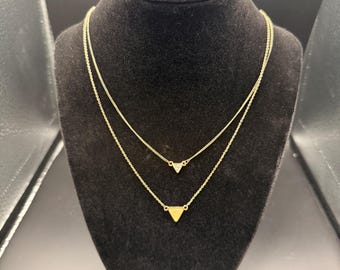 Vintage Liz Claiborne Gold Tone Layered Triangle Necklace | Minimalist Geometric Pendant | LC Logo Jewelry
