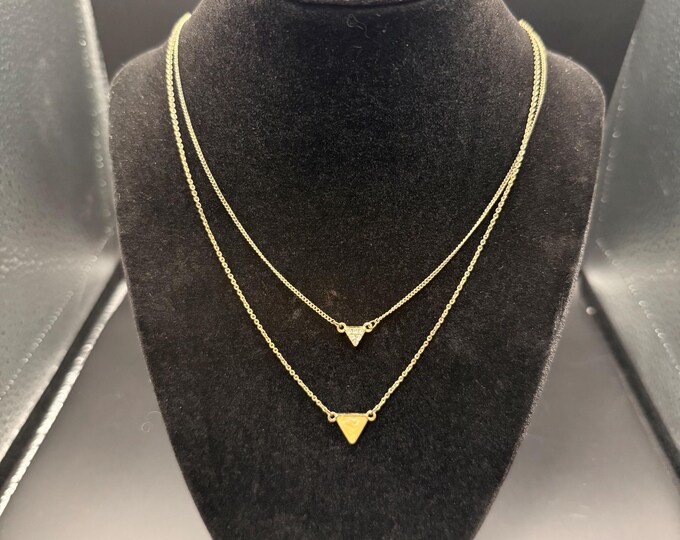 Vintage Liz Claiborne Gold Tone Layered Triangle Necklace | Minimalist Geometric Pendant | LC Logo Jewelry
