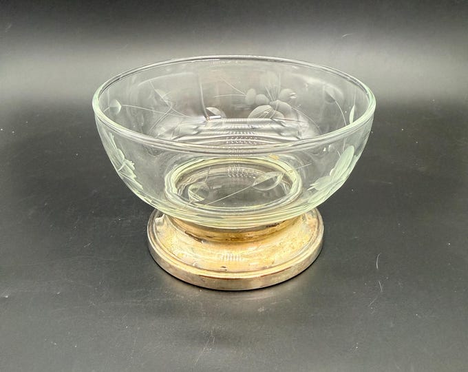 Vintage Etched Glass Vanity Bowl with Butterfly & Flower Design – Silver Plate Base
