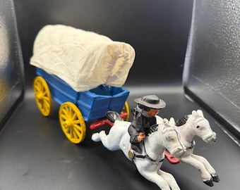 Cast Iron Covered Wagon & Horse Team – Blue Wagon, Dual Horses, Removable Canvas Top – Western Americana Display
