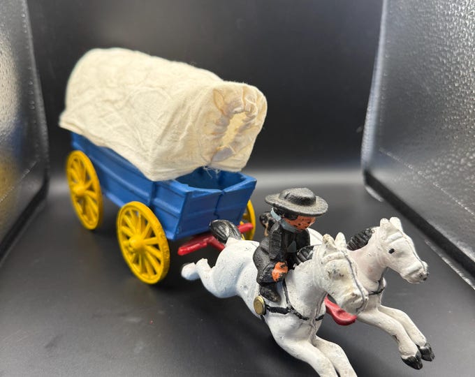 Cast Iron Covered Wagon & Horse Team – Blue Wagon, Dual Horses, Removable Canvas Top – Western Americana Display
