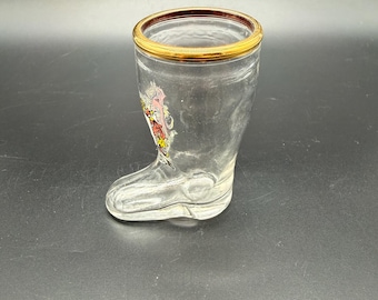 Vintage Glass Boot Beer Shot Glass | Augsburg Germany Crest | Gold Rim Novelty Barware | Souvenir Boot Glass